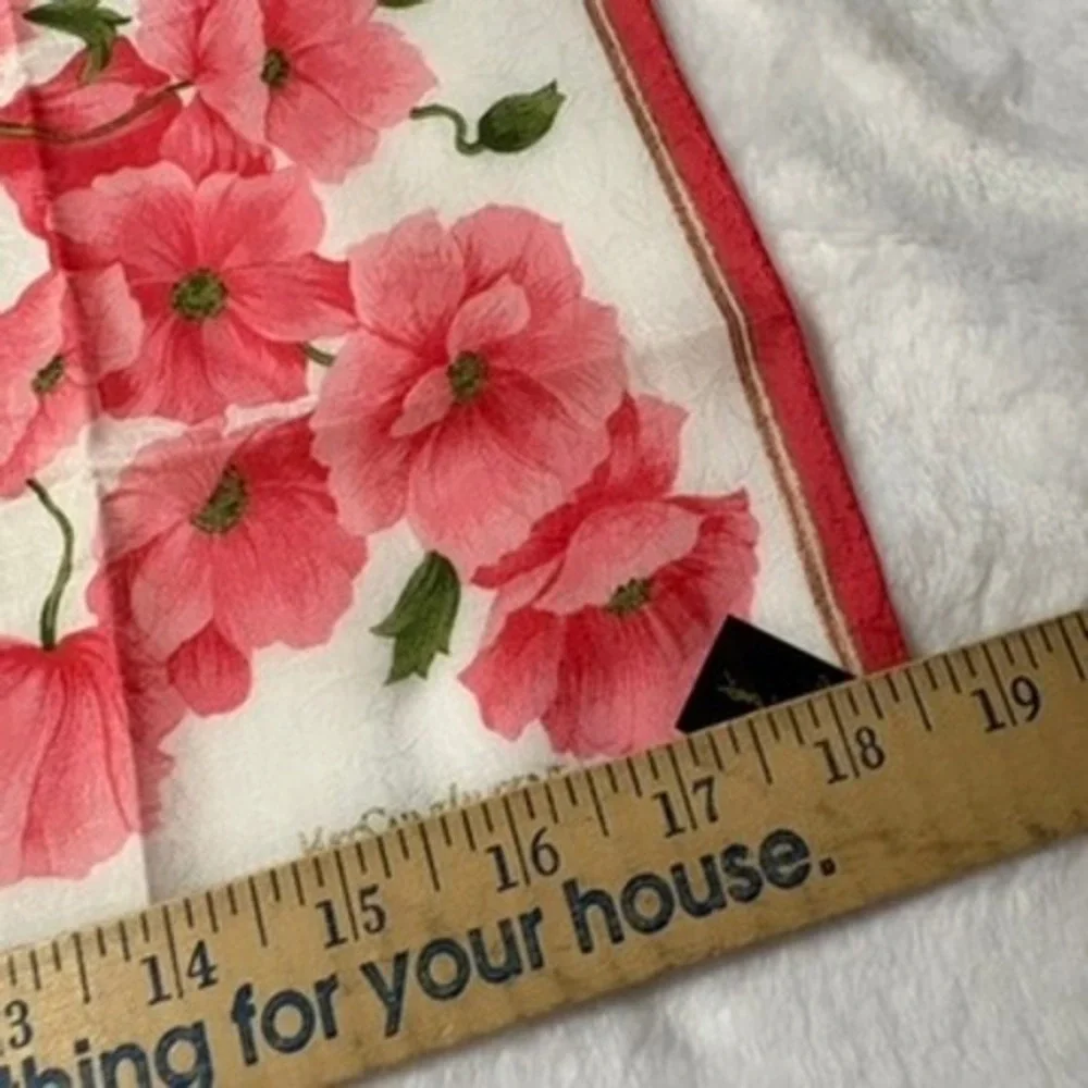 Vtg YVES SAINT LAURENT Scarf Handkerchief Poppy Floral Cotton Pink White 18.5